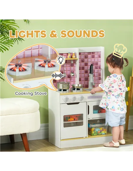 AIYAPLAY Kids Play Kitchen, Pretend Play Kitchen with Realistic Oven, Stove, Sink, Kitchen, Accessories, White