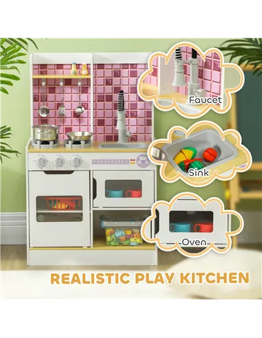 AIYAPLAY Kids Play Kitchen, Pretend Play Kitchen with Realistic Oven, Stove, Sink, Kitchen, Accessories, White