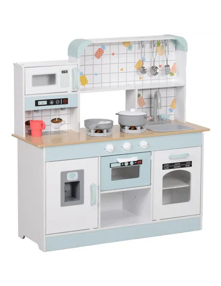 AIYAPLAY Toy Kitchen, Pretend Role Play Kitchen with Hob, Sound, Light, Coffee Machine, Ice Maker, Microwave