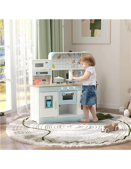 AIYAPLAY Toy Kitchen, Pretend Role Play Kitchen with Hob, Sound, Light, Coffee Machine, Ice Maker, Microwave