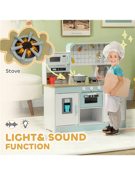 AIYAPLAY Toy Kitchen, Pretend Role Play Kitchen with Hob, Sound, Light, Coffee Machine, Ice Maker, Microwave