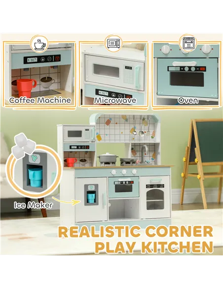 AIYAPLAY Toy Kitchen, Pretend Role Play Kitchen with Hob, Sound, Light, Coffee Machine, Ice Maker, Microwave