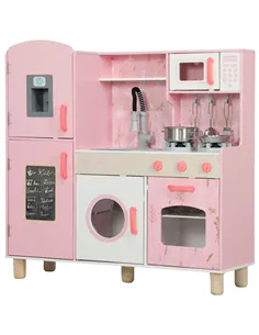 AIYAPLAY Play Kitchen, Kids Kitchen Set with Lights and Sounds, Double Stoves, Ice Maker, Chalkboard for 3+ Years, Pink