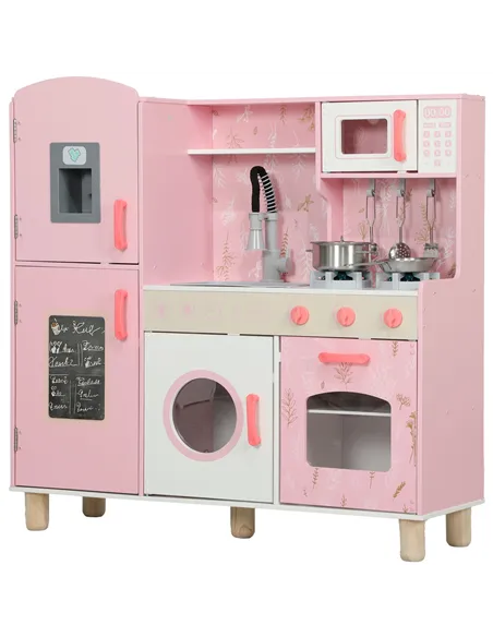 AIYAPLAY Play Kitchen, Kids Kitchen Set with Lights and Sounds, Double Stoves, Ice Maker, Chalkboard for 3+ Years, Pink