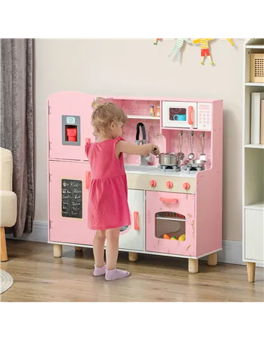AIYAPLAY Play Kitchen, Kids Kitchen Set with Lights and Sounds, Double Stoves, Ice Maker, Chalkboard for 3+ Years, Pink