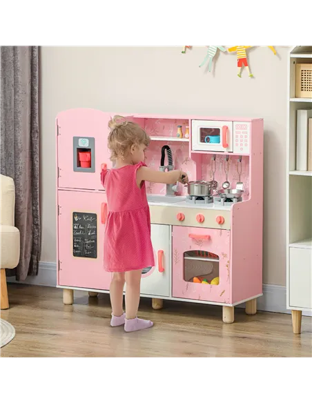 AIYAPLAY Play Kitchen, Kids Kitchen Set with Lights and Sounds, Double Stoves, Ice Maker, Chalkboard for 3+ Years, Pink