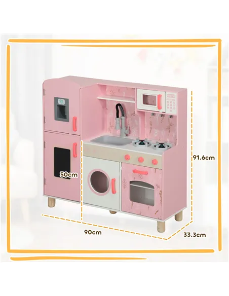 AIYAPLAY Play Kitchen, Kids Kitchen Set with Lights and Sounds, Double Stoves, Ice Maker, Chalkboard for 3+ Years, Pink