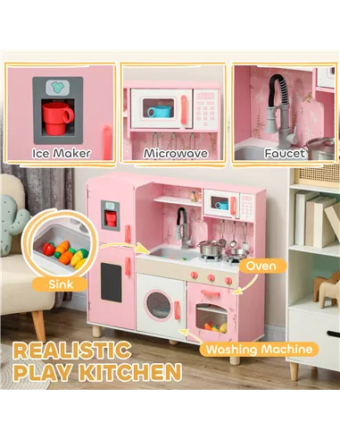AIYAPLAY Play Kitchen, Kids Kitchen Set with Lights and Sounds, Double Stoves, Ice Maker, Chalkboard for 3+ Years, Pink