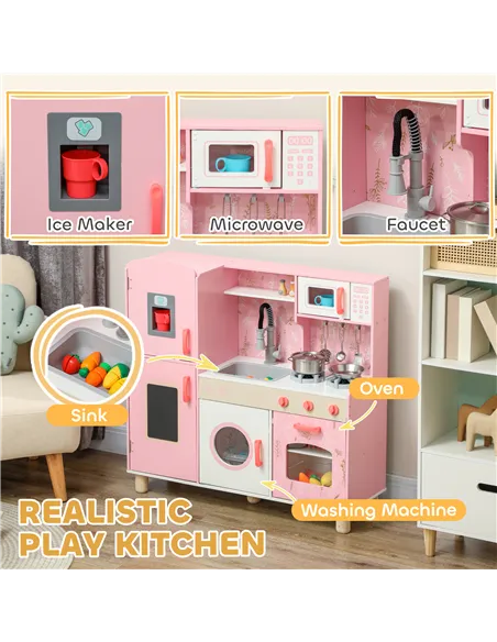 AIYAPLAY Play Kitchen, Kids Kitchen Set with Lights and Sounds, Double Stoves, Ice Maker, Chalkboard for 3+ Years, Pink