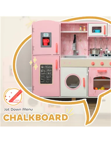 AIYAPLAY Play Kitchen, Kids Kitchen Set with Lights and Sounds, Double Stoves, Ice Maker, Chalkboard for 3+ Years, Pink