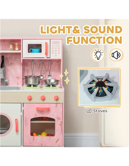 AIYAPLAY Play Kitchen, Kids Kitchen Set with Lights and Sounds, Double Stoves, Ice Maker, Chalkboard for 3+ Years, Pink