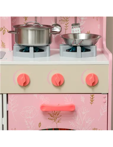 AIYAPLAY Play Kitchen, Kids Kitchen Set with Lights and Sounds, Double Stoves, Ice Maker, Chalkboard for 3+ Years, Pink