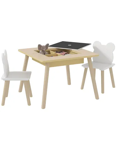 AIYAPLAY 3-Piece Kids Table and Chairs Set with Convertible Desk and Storage Grid, Kids Activity Table for Nursery, Playroom