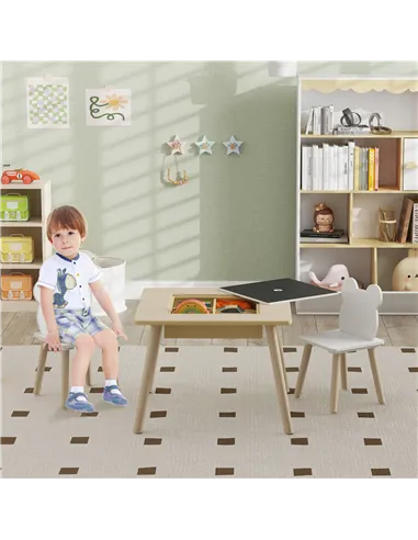 AIYAPLAY 3-Piece Kids Table and Chairs Set with Convertible Desk and Storage Grid, Kids Activity Table for Nursery, Playroom