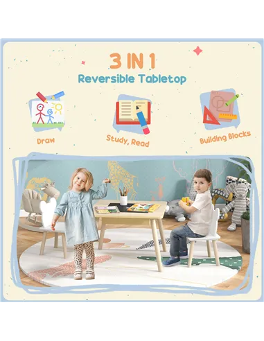 AIYAPLAY 3-Piece Kids Table and Chairs Set with Convertible Desk and Storage Grid, Kids Activity Table for Nursery, Playroom