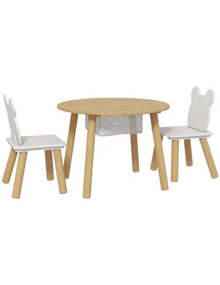 AIYAPLAY 3-Piece Kids Activity Table Set with Centre Mesh Bag, Bear-Shaped Backrest, for Arts and Crafts, Reading, Dining