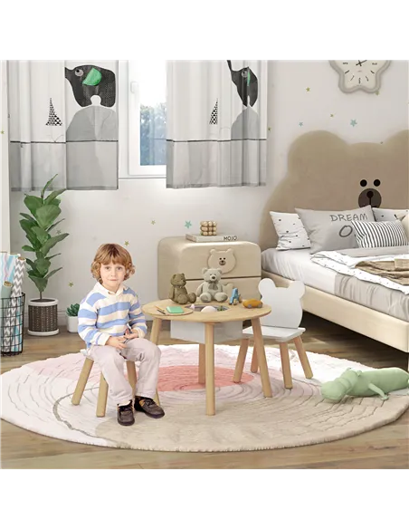 AIYAPLAY 3-Piece Kids Activity Table Set with Centre Mesh Bag, Bear-Shaped Backrest, for Arts and Crafts, Reading, Dining