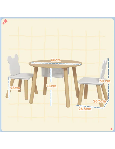 AIYAPLAY 3-Piece Kids Activity Table Set with Centre Mesh Bag, Bear-Shaped Backrest, for Arts and Crafts, Reading, Dining