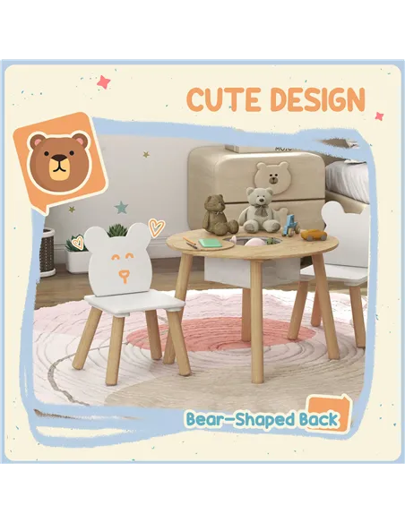 AIYAPLAY 3-Piece Kids Activity Table Set with Centre Mesh Bag, Bear-Shaped Backrest, for Arts and Crafts, Reading, Dining