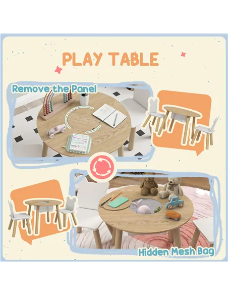 AIYAPLAY 3-Piece Kids Activity Table Set with Centre Mesh Bag, Bear-Shaped Backrest, for Arts and Crafts, Reading, Dining