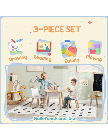 AIYAPLAY 3-Piece Kids Activity Table Set with Centre Mesh Bag, Bear-Shaped Backrest, for Arts and Crafts, Reading, Dining