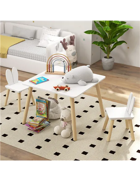 AIYAPLAY 3 Pcs Toddler Table and Chair Set, Kids Desk and 2 Chairs Set w/ Bunny Ear Backrest, for Nursery, Playroom