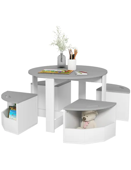 AIYAPLAY Five-Piece Kids Table and Chairs Set with Storage, for Ages 3-8 Years, Grey