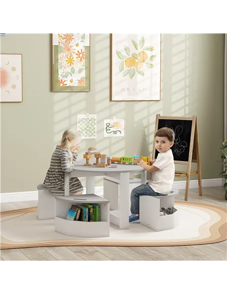 AIYAPLAY Five-Piece Kids Table and Chairs Set with Storage, for Ages 3-8 Years, Grey