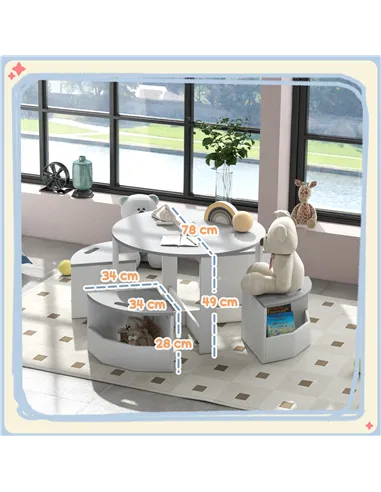 AIYAPLAY Five-Piece Kids Table and Chairs Set with Storage, for Ages 3-8 Years, Grey