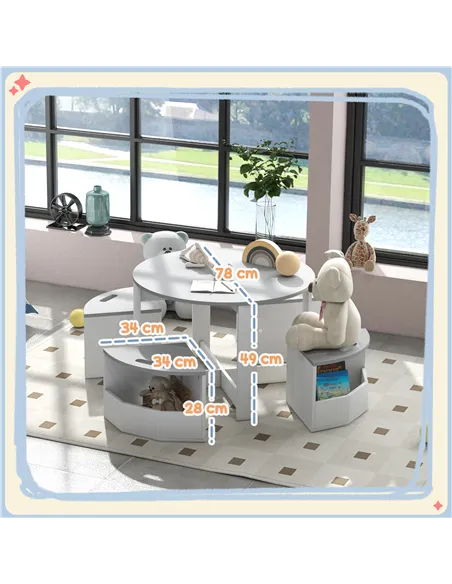 AIYAPLAY Five-Piece Kids Table and Chairs Set with Storage, for Ages 3-8 Years, Grey