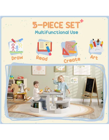 AIYAPLAY Five-Piece Kids Table and Chairs Set with Storage, for Ages 3-8 Years, Grey