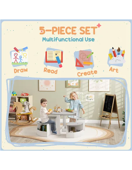 AIYAPLAY Five-Piece Kids Table and Chairs Set with Storage, for Ages 3-8 Years, Grey