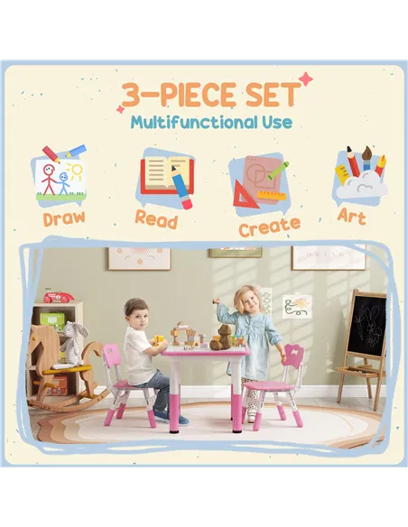 AIYAPLAY Height Adjustable Toddler Table and Chair Set, 3-Piece Children Activity Table w/ 2 Chairs for Playroom, Bedroom - Pink
