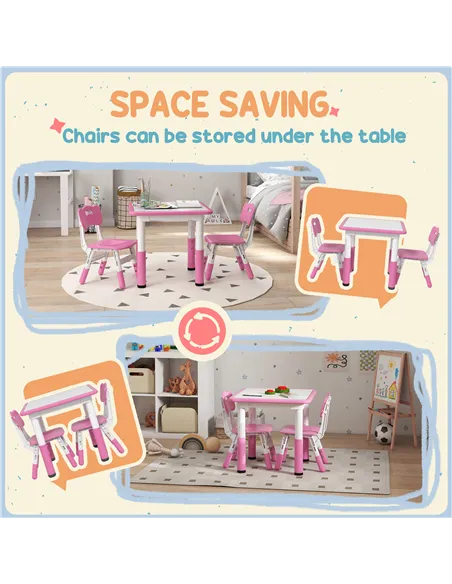 AIYAPLAY Height Adjustable Toddler Table and Chair Set, 3-Piece Children Activity Table w/ 2 Chairs for Playroom, Bedroom - Pink