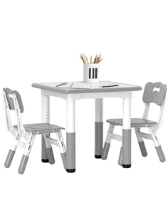 AIYAPLAY Height Adjustable Toddler Table and Chair Set, 3 Pcs Children Activity Table w/ 2 Chairs, for Playroom, Bedroom - Grey
