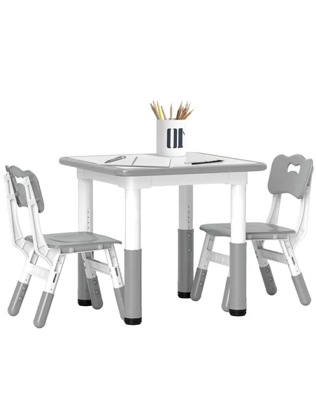 AIYAPLAY Height Adjustable Toddler Table and Chair Set, 3 Pcs Children Activity Table w/ 2 Chairs, for Playroom, Bedroom - Grey