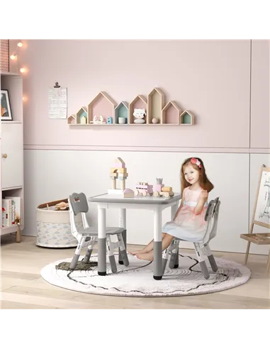 AIYAPLAY Height Adjustable Toddler Table and Chair Set, 3 Pcs Children Activity Table w/ 2 Chairs, for Playroom, Bedroom - Grey