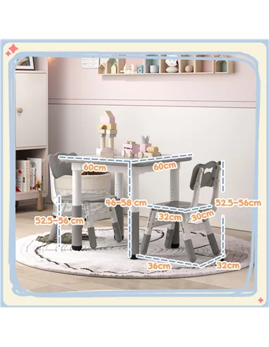 AIYAPLAY Height Adjustable Toddler Table and Chair Set, 3 Pcs Children Activity Table w/ 2 Chairs, for Playroom, Bedroom - Grey