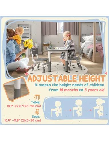 AIYAPLAY Height Adjustable Toddler Table and Chair Set, 3 Pcs Children Activity Table w/ 2 Chairs, for Playroom, Bedroom - Grey