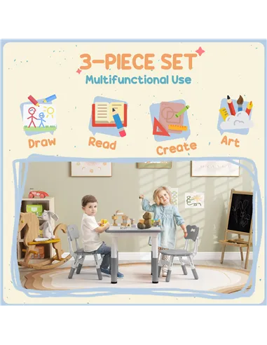 AIYAPLAY Height Adjustable Toddler Table and Chair Set, 3 Pcs Children Activity Table w/ 2 Chairs, for Playroom, Bedroom - Grey