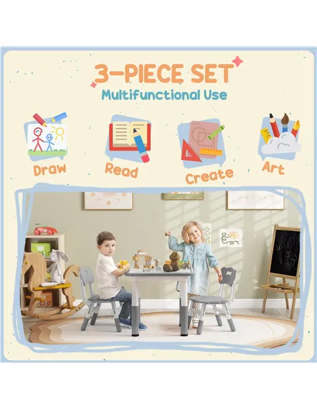 AIYAPLAY Height Adjustable Toddler Table and Chair Set, 3 Pcs Children Activity Table w/ 2 Chairs, for Playroom, Bedroom - Grey