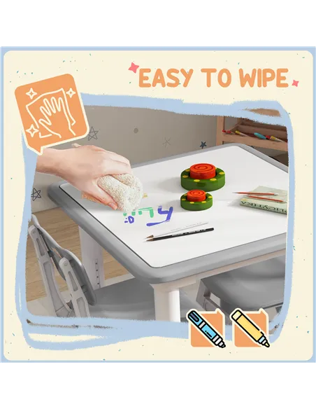 AIYAPLAY Height Adjustable Toddler Table and Chair Set, 3 Pcs Children Activity Table w/ 2 Chairs, for Playroom, Bedroom - Grey