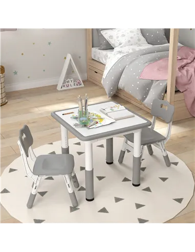 AIYAPLAY Height Adjustable Toddler Table and Chair Set, 3 Pcs Children Activity Table w/ 2 Chairs, for Playroom, Bedroom - Grey