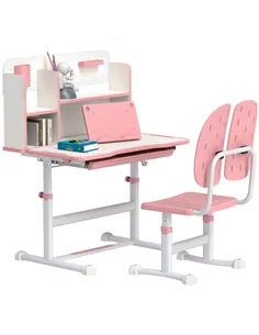 AIYAPLAY Height Adjustable Kids Desk and Chair Set, Children School Study Desk with Tiltable Desktop, Reading Rack,  Pink