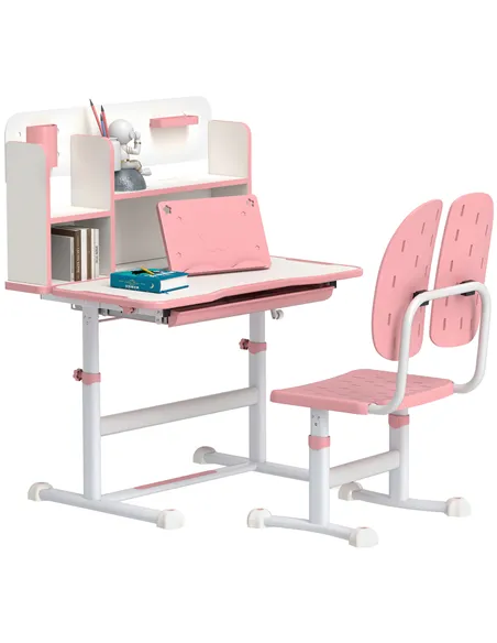 AIYAPLAY Height Adjustable Kids Desk and Chair Set, Children School Study Desk with Tiltable Desktop, Reading Rack,  Pink