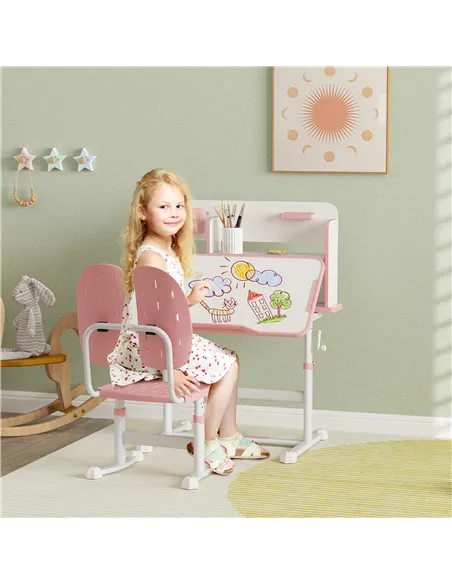 AIYAPLAY Height Adjustable Kids Desk and Chair Set, Children School Study Desk with Tiltable Desktop, Reading Rack,  Pink