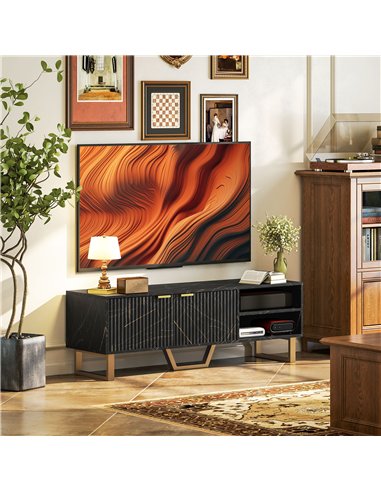 HOMCOM Marble Effect TV Unit, TV Stand Cabinet for up to 70" TVs, Modern TV Cabinet with Shelves and Storage Cupboard, Fluted Do