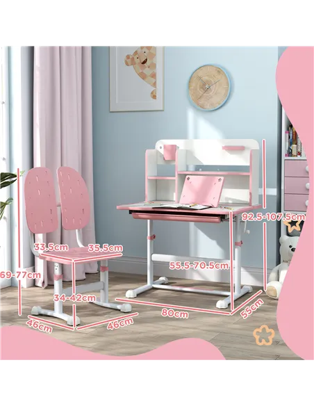 AIYAPLAY Height Adjustable Kids Desk and Chair Set, Children School Study Desk with Tiltable Desktop, Reading Rack,  Pink