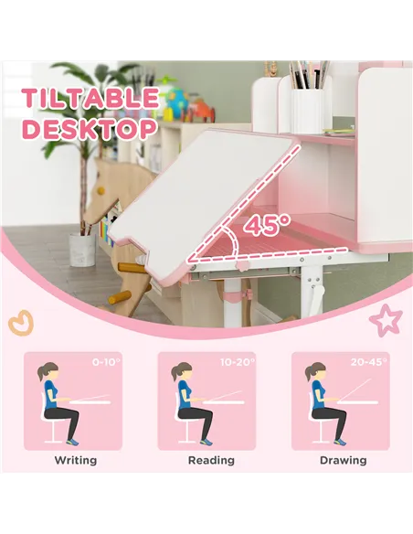 AIYAPLAY Height Adjustable Kids Desk and Chair Set, Children School Study Desk with Tiltable Desktop, Reading Rack,  Pink