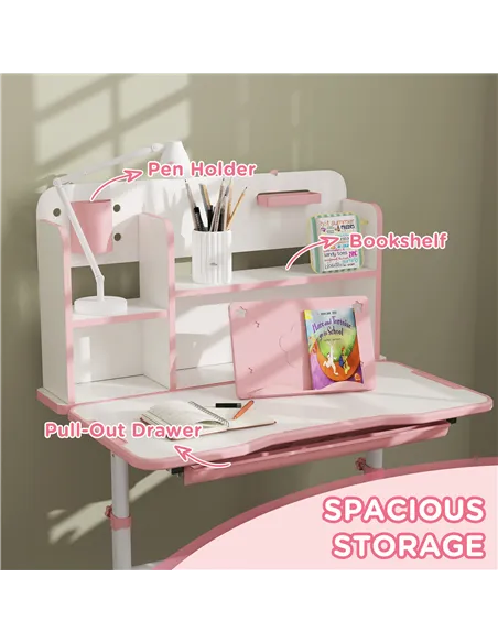 AIYAPLAY Height Adjustable Kids Desk and Chair Set, Children School Study Desk with Tiltable Desktop, Reading Rack,  Pink